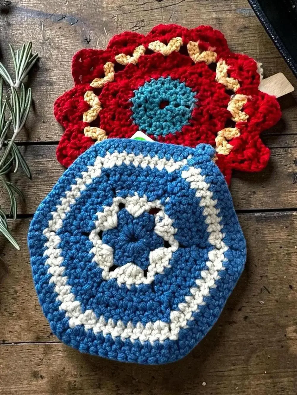 Handmade Trivet Vintage Blue White Crochet Hot Pad, Countertop Saver, Heat
